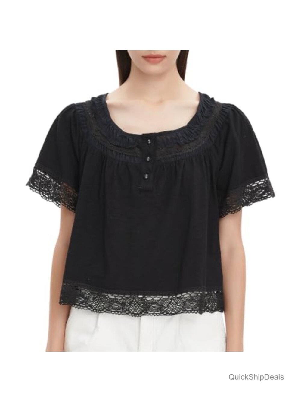 Womens Lace Trim Crop Tee Short Sleeve Button Down Blouse Summer Top